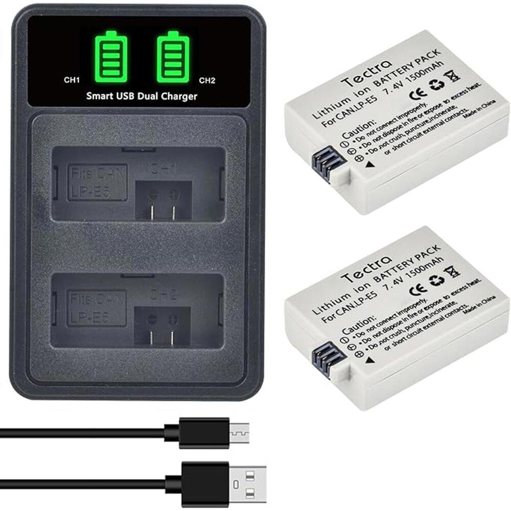 Tectra 2-Pack LP-E5 Battery and LED Dual Charger